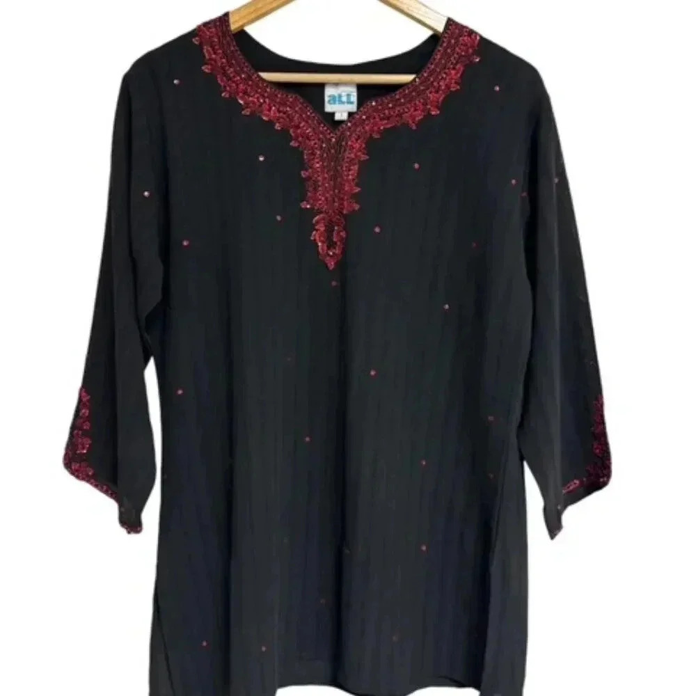 aLL a little larger Womens Size XL Black Sheer with Red‎ Sequins Detail Sleeves